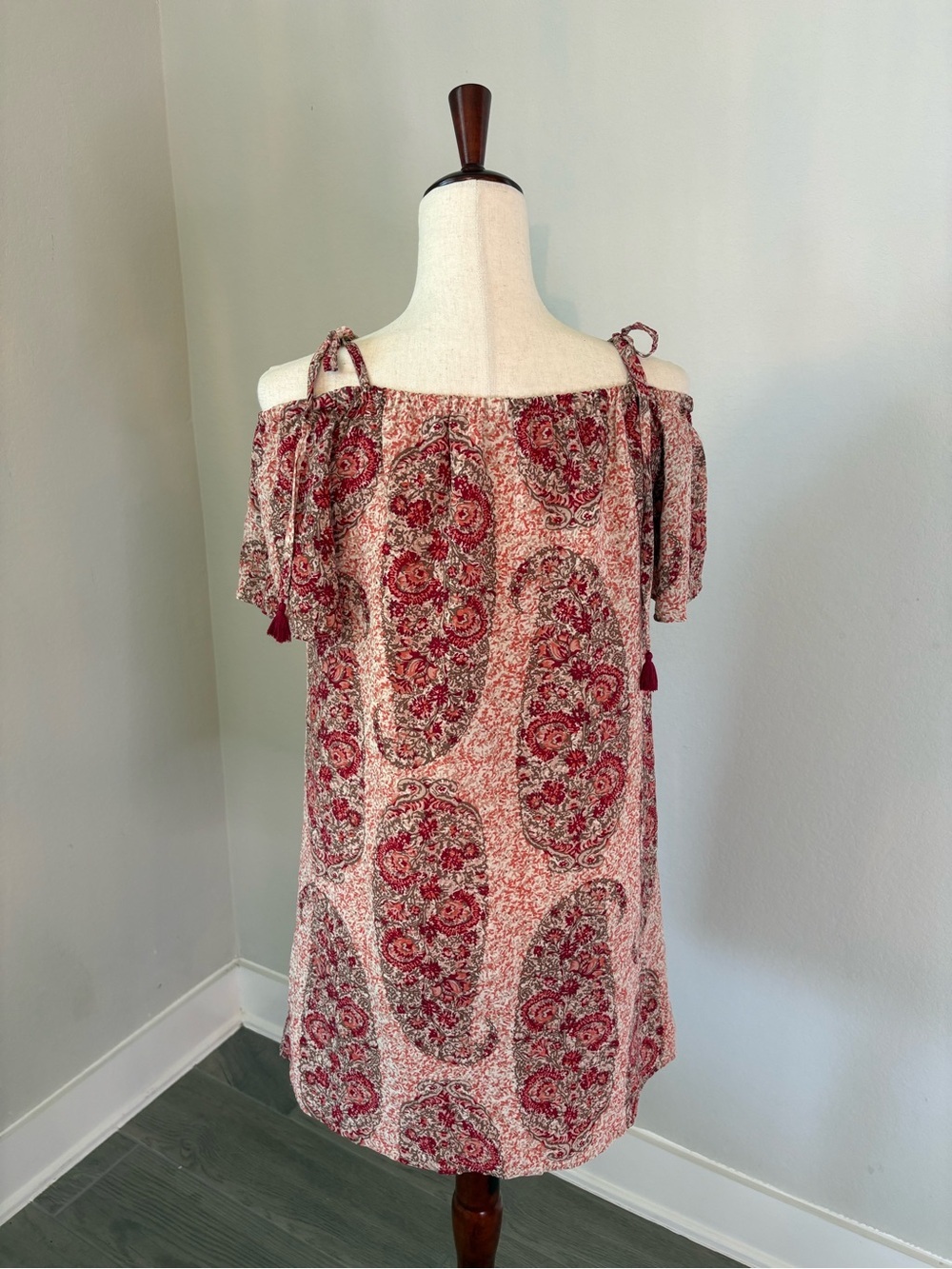 Madewell Silk Cold Shoulder Paisley Print Mini Dress Tassels Size Medium